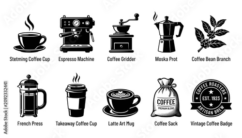 Tableau sur toile Coffee Icons Set with Steaming Cup, Espresso Machine, Grinder, Moka Pot, and Vin