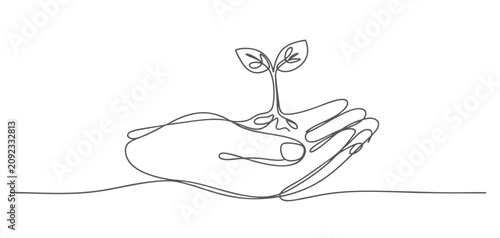 Bild auf Leinwand Continuous line drawing of a caring hand nurturing a young plant isolated on white background