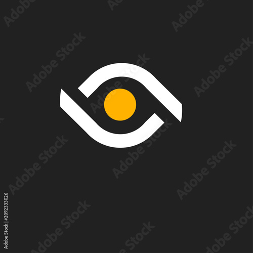 Modern abstract eye logo design, minimalist vision symbol with yellow iris on dark background