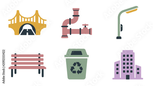 Colorful vector illustration set featuring urban infrastructure icons like a bridge pipe street lamp bench bin and city building