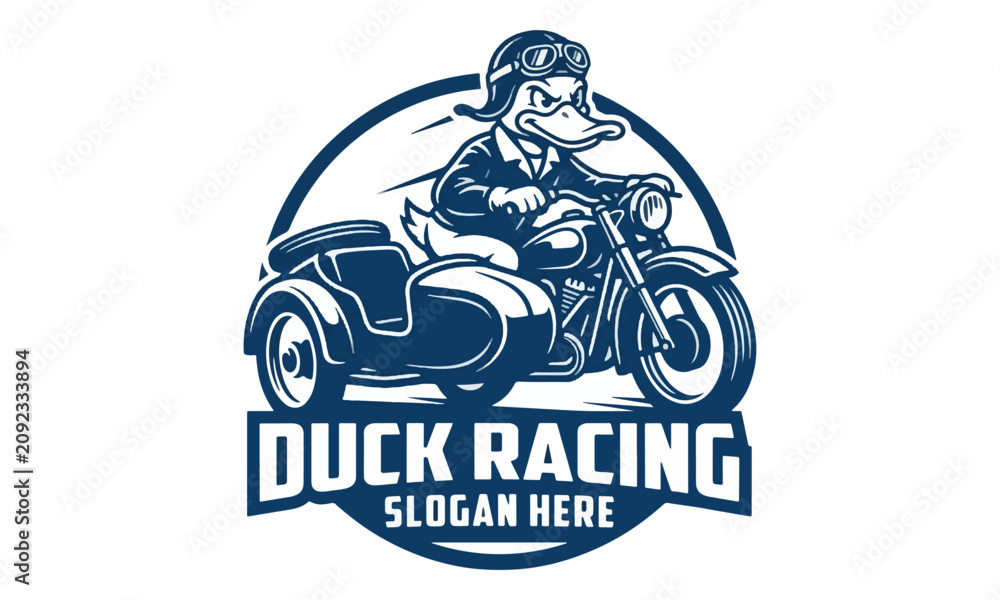 Obraz premium Duck Mascot Riding Vintage Motorcycle Sidecar Logo