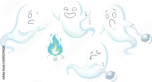 Fotografija Cute spooky halloween ghost cartoon character vector illustration set featuring