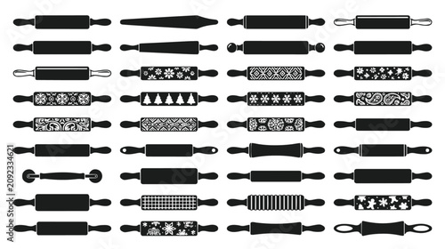 Photos Rolling Pin Silhouette Icon Set with Patterned Baking Roller, Cookie Cutter, Flo