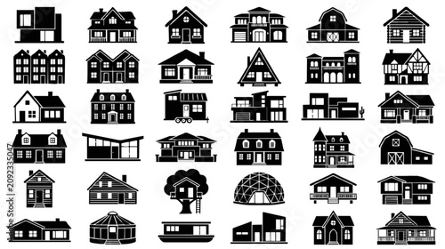 Tableau sur toile House and Building Silhouette Icon Set with Cottage, Barn, Villa, Cabin, Modern
