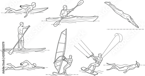 Water sports and summer beach activities line art set including swimming surfing kayaking windsurfing paddleboarding and kitesurfing