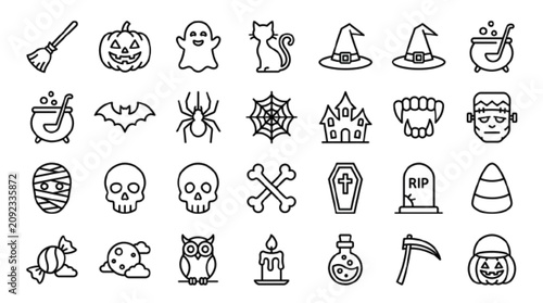Friendly ghost vector icon , Create a premium Halloween vector icon set featuring 25 unique icons, isolated on a pure white background. Modern minimal flat outline style with clean geometric shapes