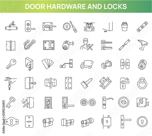 Door Hardware and Locks Line Icons Set. Handles, Hinges, Keys, Smart Locks
