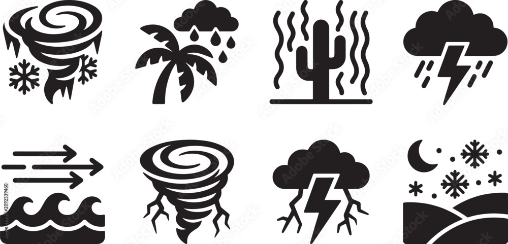 Fototapeta premium Extreme weather conditions and natural disaster icon collection isolated on white background