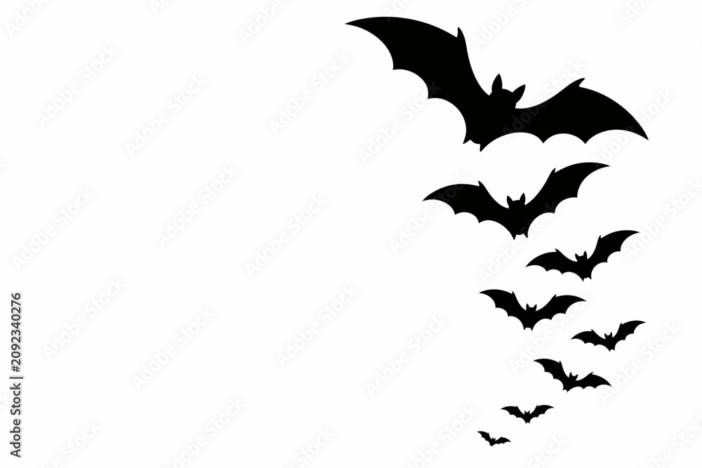 Fototapeta premium A flock of black bat silhouettes flying in a group on a white background.