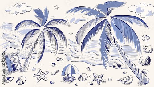 Obraz na plátně Tropical paradise sketch with palm trees seashells and a thatched hut
