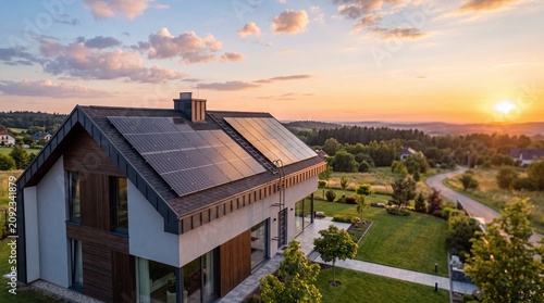 Foto Aerial view of modern house with solar panels on rooftop at sunset