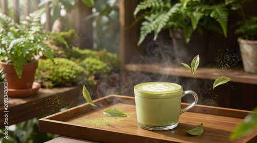 Clear glass cup of steaming matcha latte with latte art on a rustic wooden tray in a home garden