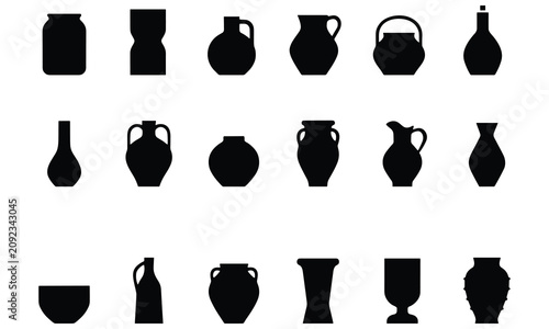 Set of eighteen black silhouette of various ceramic pottery, vases, jugs, and jars, isolated on a plain white background