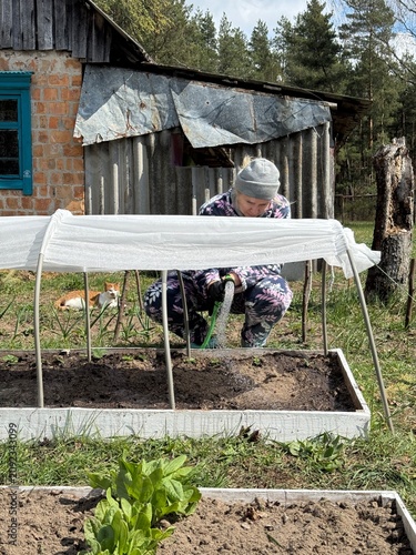 A woman waters a high raised garden bed with a hose, which is covered with spunbond over plastic arches.