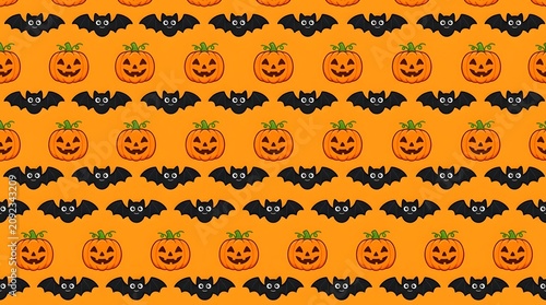 Seamless pattern featuring cute cartoon jack-o-lanterns and black bats on a vibrant orange background, for halloween themed decorations
