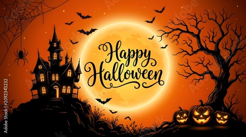 Spooky halloween background, featuring a haunted, house, glowing full, moon, carved jack-o-lanterns, flying bats, and, a spider web