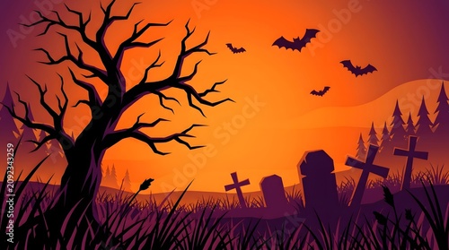 Spooky halloween graveyard scene with a large gnarled tree, tombstones, crosses, and flying bats against a vibrant orange and purple sunset sky