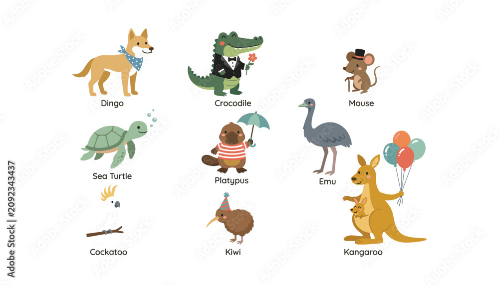 Obraz premium Cute cartoon Australian animal vector illustration set with kangaroo platypus dingo emu crocodile kiwi cockatoo mouse and sea turtle characters