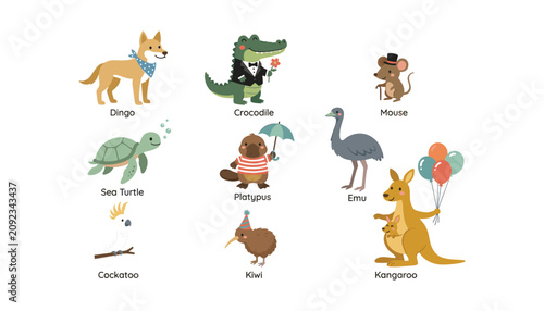 Tableau sur toile Cute cartoon Australian animal vector illustration set with kangaroo platypus di