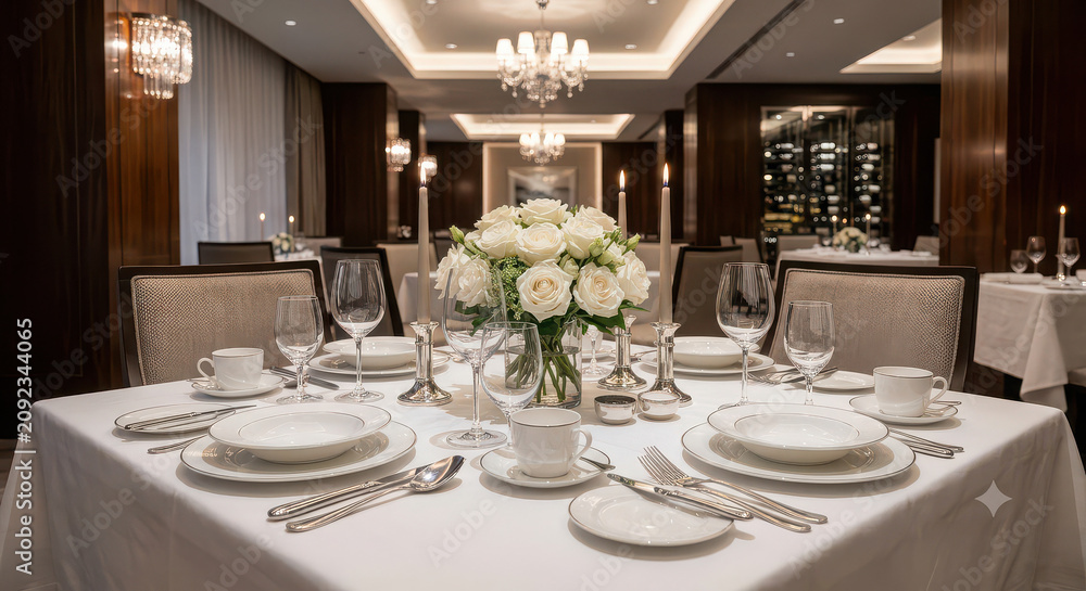 Fototapeta premium Table setting in an upscale restaurant features white floral arrangements and polished silverware ready for fine dining guests.