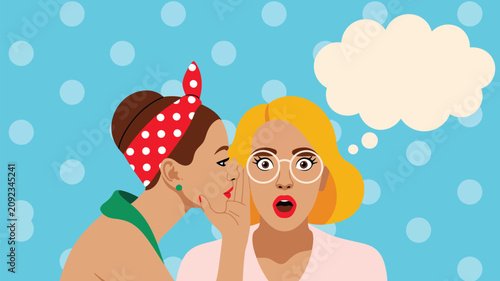 Female character shares confidential secret by whispering into another womans astonished ear
