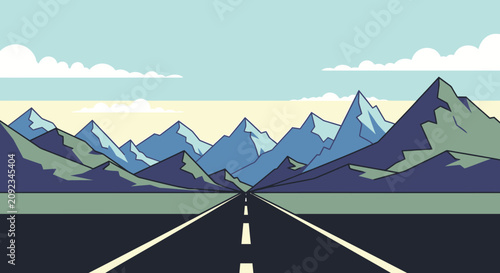 A flat vector illustration of a long road leading towards high mountain peaks.