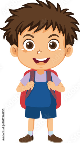 Cute cartoon school boy vector illustration, smiling little child character with backpack on white background