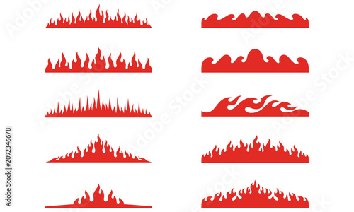 Set of red fire flame borders and decorative burning wave patterns for isolated on a white background