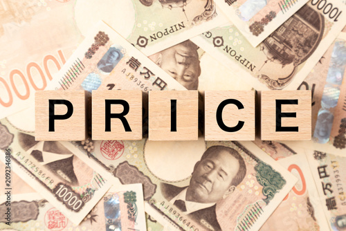 「PRICE」と書かれたブロックとたくさんの一万円札