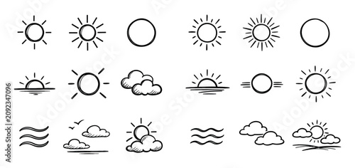 Sunny and bright weather icon set with bright sun warm weather and daylight symbol for branding design in hand-drawn sketch style
