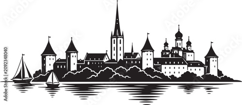 Quadro su tela Medieval Island Town Silhouette Vector Illustration