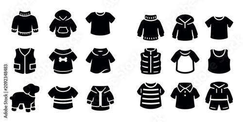Dog clothing and casual wear icon set with dog sweater lightweight vest and fabric comfort for mobile app design in solid filled icons