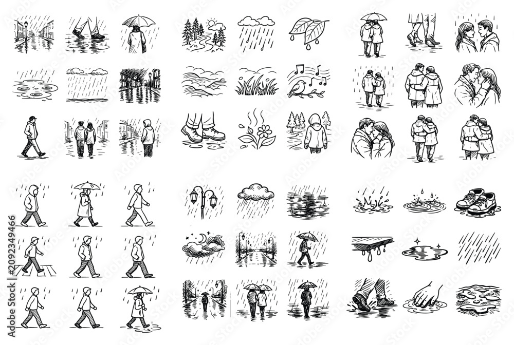 Obraz premium Rain and weather vector icons with umbrella, raindrop and walking people for mobile app design in outline style