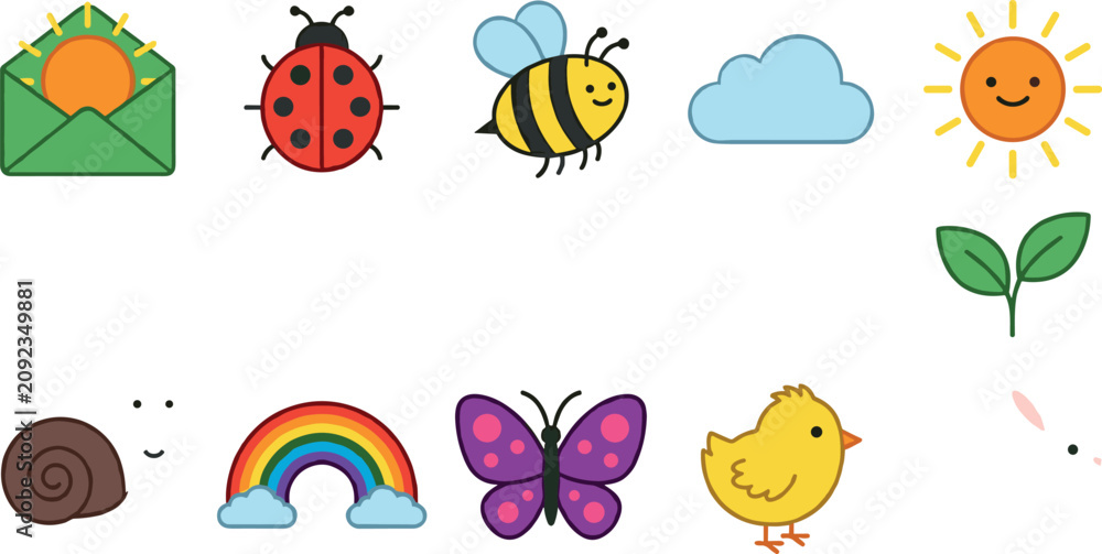 Fototapeta premium Cute spring doodle icon set with sun bee ladybug rainbow butterfly chick snail and nature elements cartoon vector illustration
