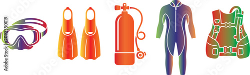 Fotografi Set of scuba diving and snorkeling gear equipment icons with snorkeling underwat
