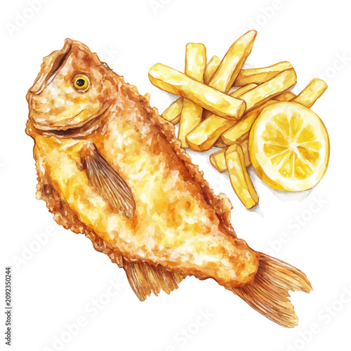 фотографія Fish And Chips, watercolor vector portraying a joyful pose with colorful highlights, isolated on a white background