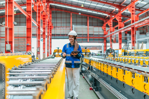 Young female engineer inspecting metal sheet roll forming production line with tablet in factory