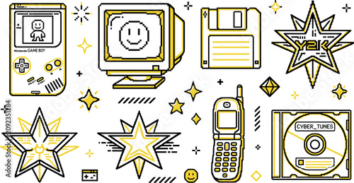 Tableau sur toile Retro Y2K tech icon collection with vintage computer mobile phone floppy disk ga