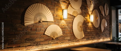 Elegant Wall Decoration with Traditional Paper Fans in a Cozy Modern Interior Featuring Exposed Brick and Soft Lighting for Relaxed Ambiance