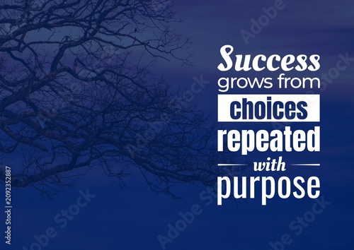 Inspirational success quote about purposeful choices repeated consistently, presented with bold white typography on a clean deep blue background.