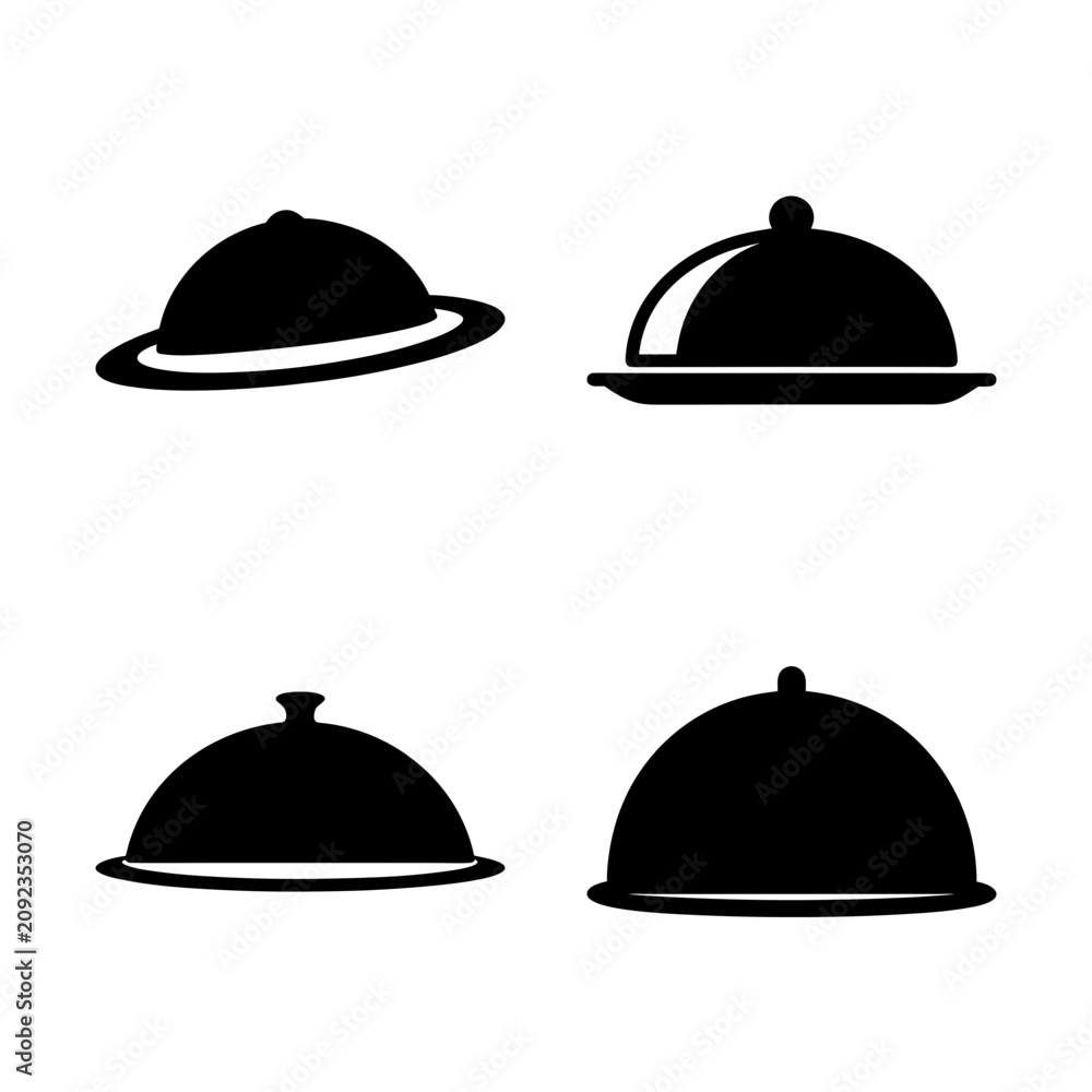 Fototapeta premium Four black restaurant serving domes icon set - A clean set of four black serving domes or cloche covers in a minimalist design, ideal for restaurant or food-related graphics and branding.