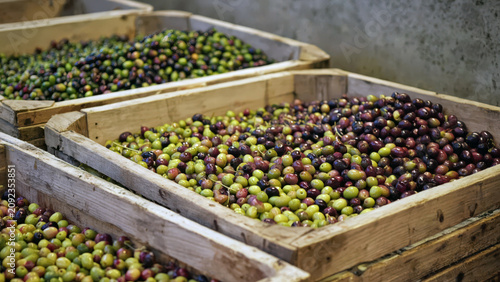 Wooden crates filled with green and black olives in staging area ready for transport to mill. Olive oil production concept