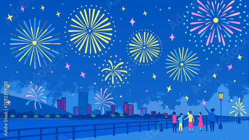 Fotografie Fireworks display over a city skyline colorful vector illustration