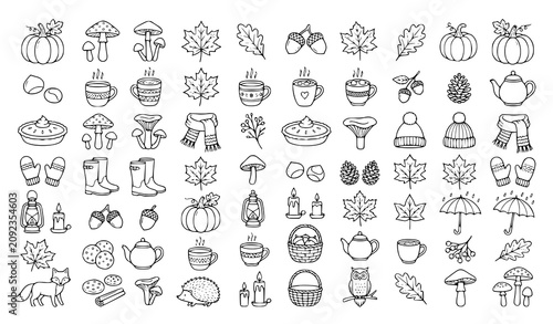 Hand Drawn Autumn Coloring Book Doodle Vector Collection with Cozy Fall Icons