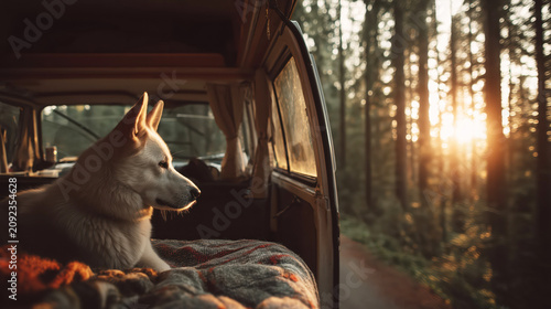 Dog resting inside camper van looking outside toward sunlit forest through window during road trip. Travel companion concept