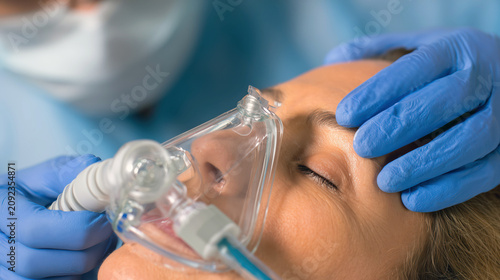 Close view of oxygen mask applied to patient by medical staff in clinical emergency environment with healthcare equipment. Emergency treatment concept