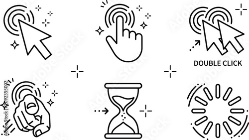Photography UI interaction outline icon collection with cursor click double click loading sp