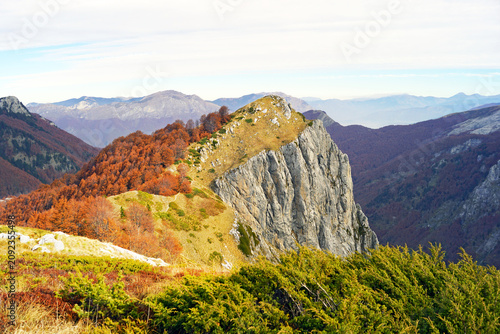 фотографія Volusnica summit with dramatic limestone escarpment on one side and red-orange beech forest on the other in the Accursed Mountains
