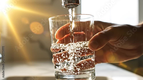 Close up of clean water pouring from a kitchen faucet into a glass drinking