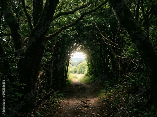 Serene forest tunnel with bright sunlight filtering through trees